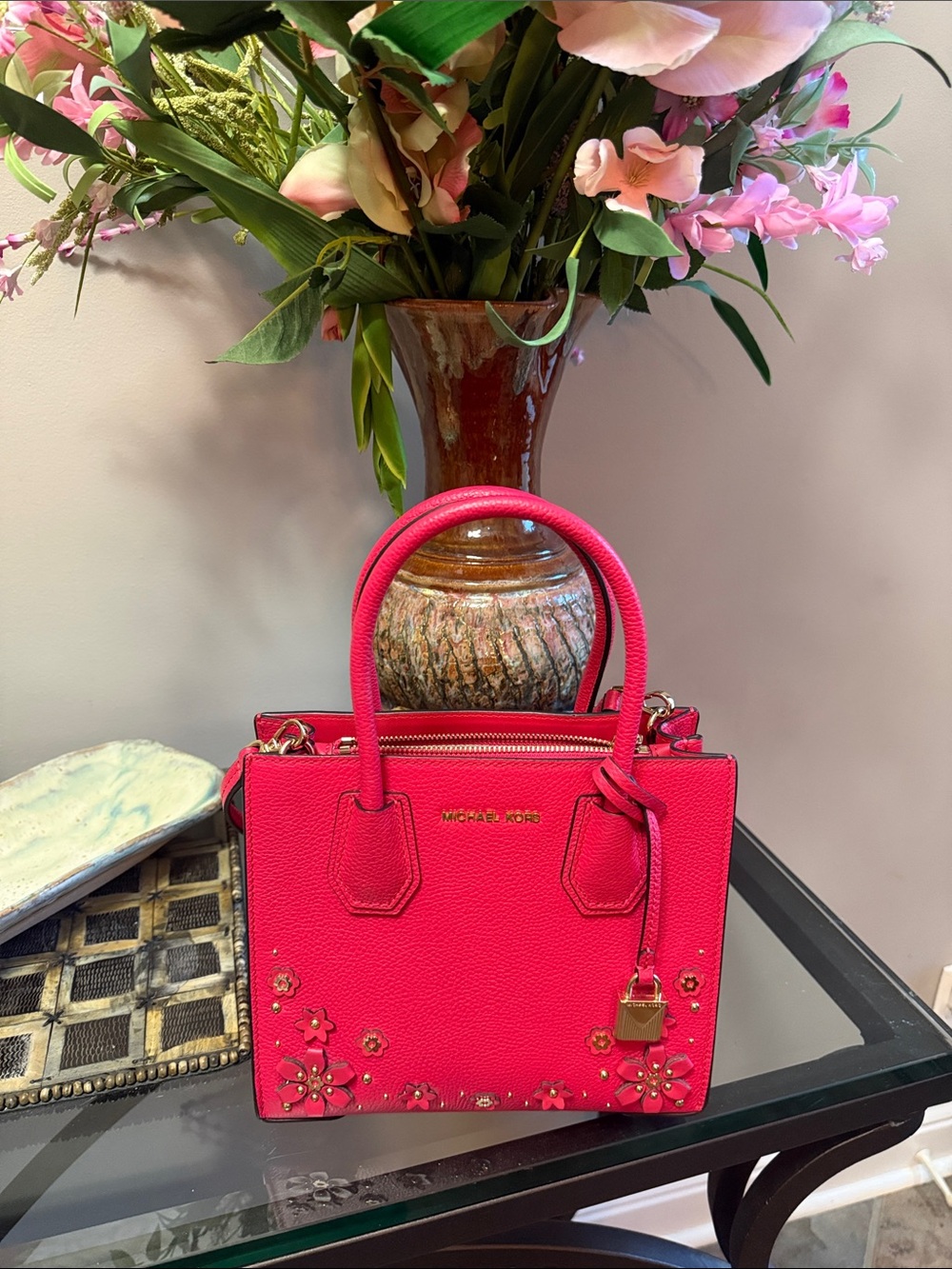 Michael Kors Hot Pink Floral Studded Leather Satchel